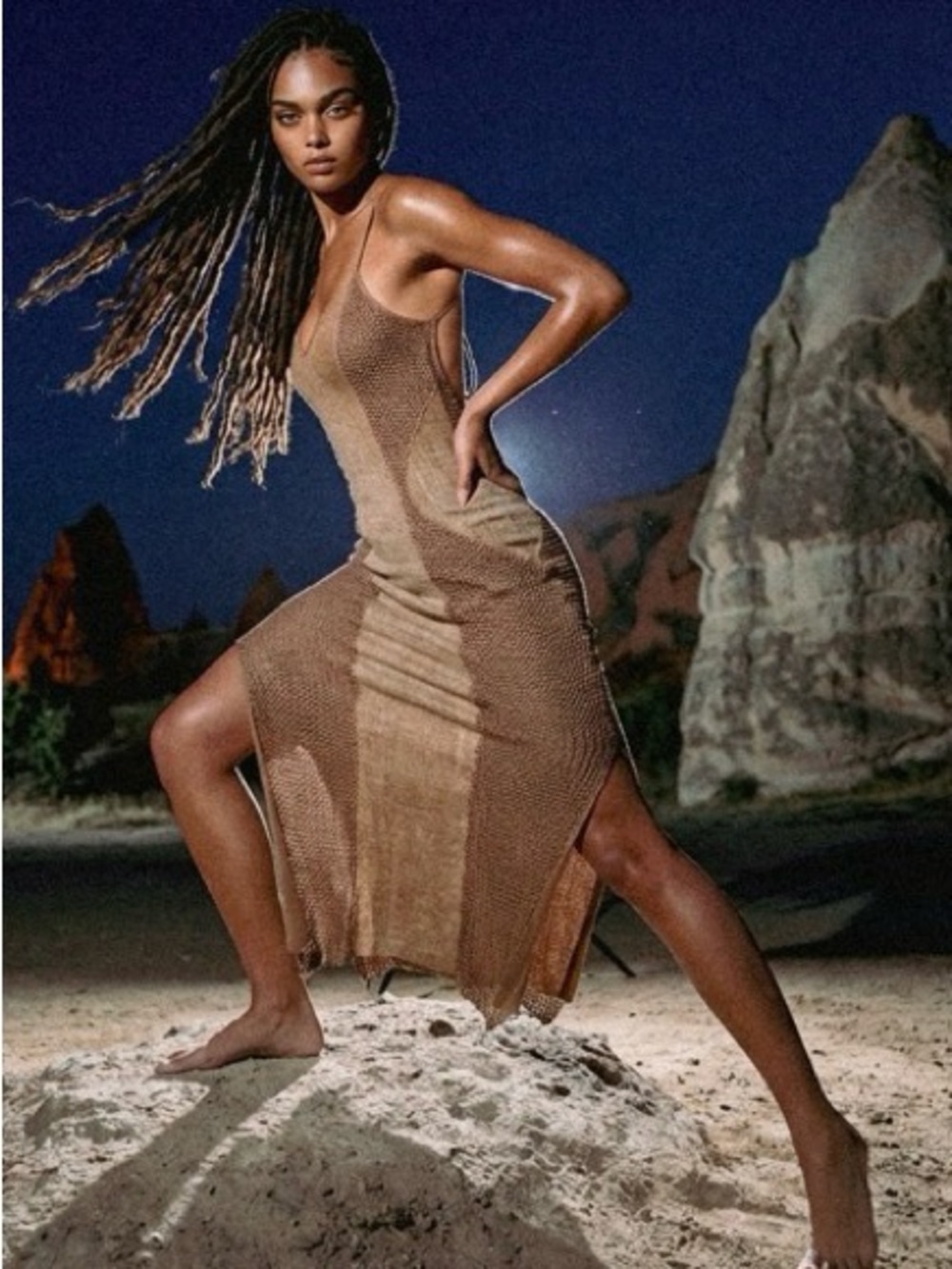Zhenabia Armor Desert Sands Tan Brown Midi Dress Textured Bodycon S/M [TE]